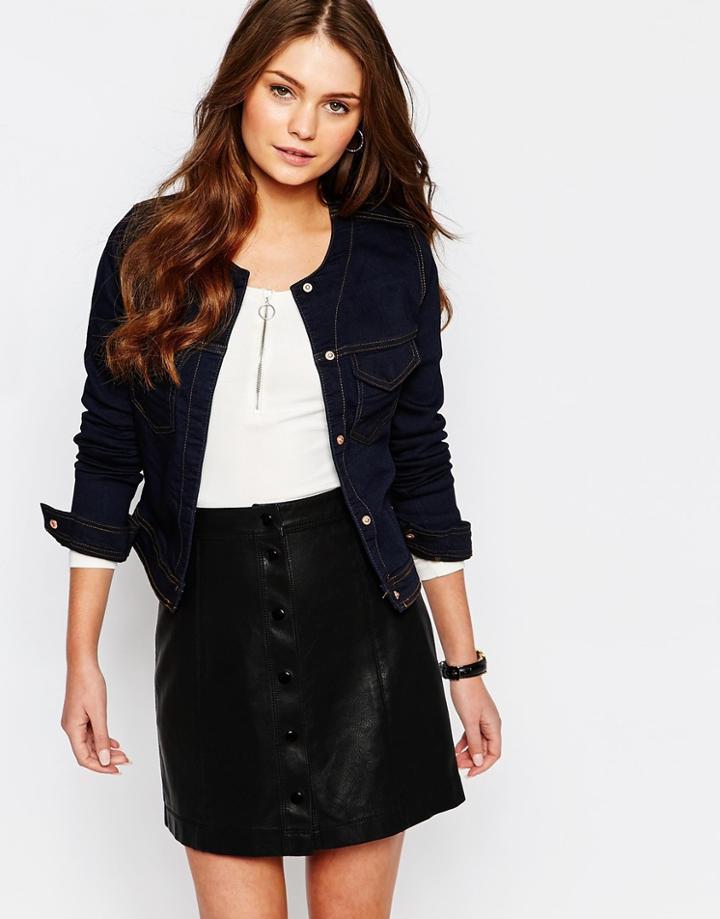 J.d.y Collarless Fitted Denim Jacket - Blue