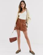 Moon River Faux Leather Belted Shorts-brown