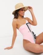 River Island Asymmetric Shoulder Printed Swimsuit With Belt Detail In Pink