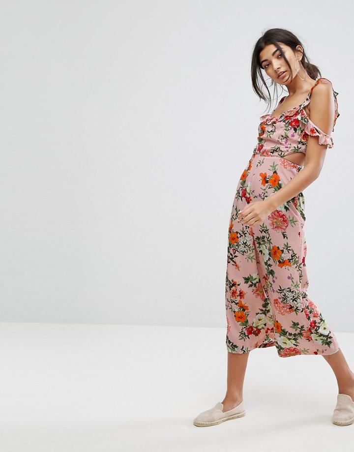 Bershka Floral Printed Wide Leg Jumpsuit - Multi