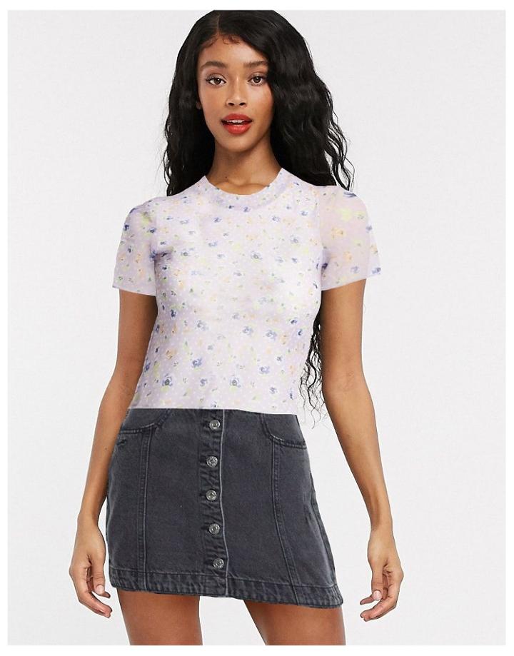 Pieces Mesh T-shirt In Pink Floral-purple