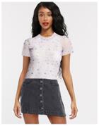 Pieces Mesh T-shirt In Pink Floral-purple