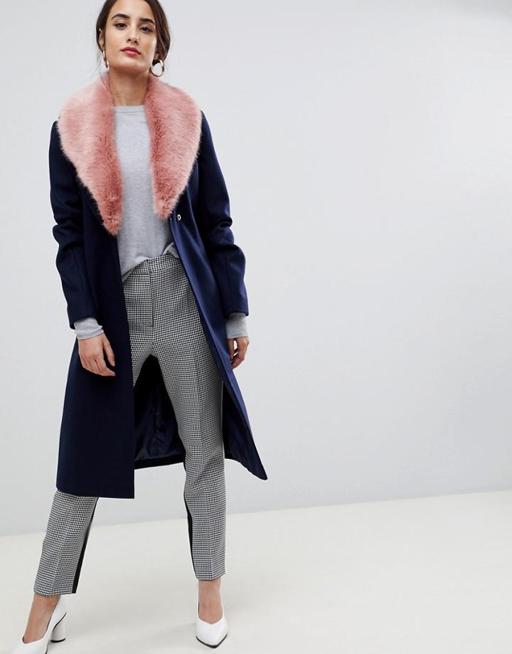 Asos Design Detachable Faux Fur Collar Coat With Tie Belt - Navy