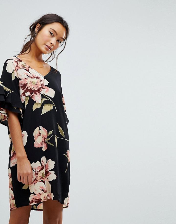 New Look Floral Print Ruffle Sleeve Tunic Dress - Black