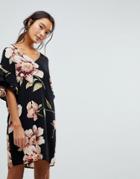 New Look Floral Print Ruffle Sleeve Tunic Dress - Black