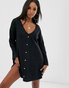 Asos Design Mini Button Through Swing Dress In Texture - Black