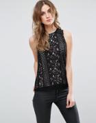 Warehouse Lace Patchwork Shell Top - Black
