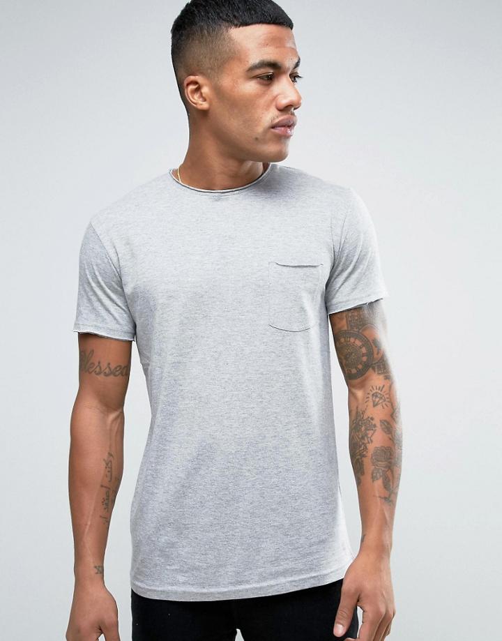 Solid T-shirt With Pocket And Raw Neck In Gray - Gray