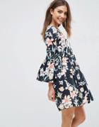 Asos Smock Dress With V Neck And Trumpet Sleeve In Floral Print - Multi