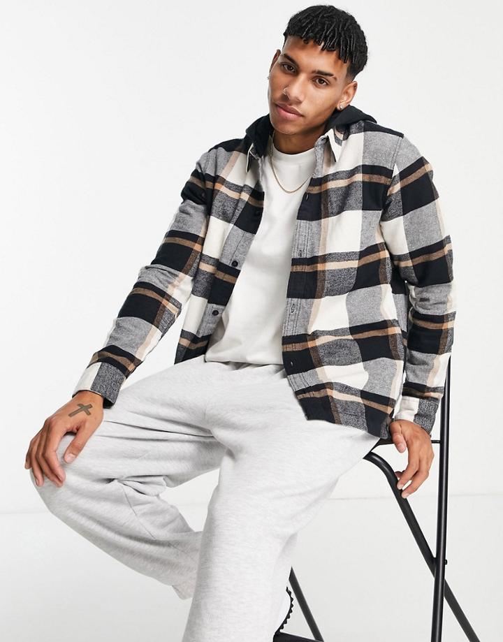 Hollister Logo Sweat Hood Check Shirt In Cream-white