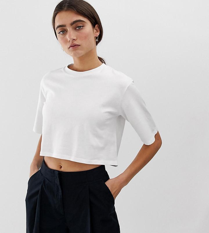 Monki Cropped Crew Neck T-shirt In White - White