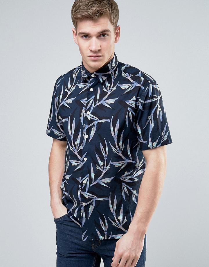 Jack & Jones Originals Short Sleeve Shirt In Regular Fit All Over Leaf Print - Navy