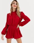 Miss Selfridge Satin Romper With Twist Neck In Red