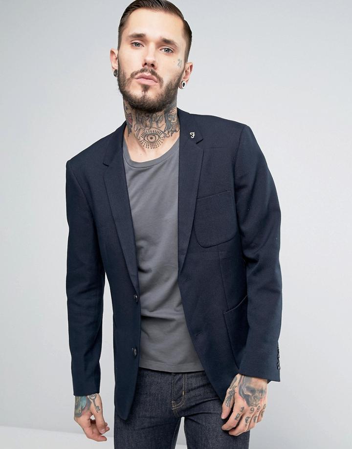 Farah Hopsack Blazer In Navy - Navy