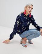 Prettylittlething High Neck Floral Blouse - Navy
