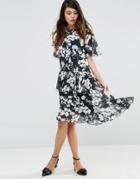 Asos Ruffle Midi Tea Dress In Mono Floral Print - Multi