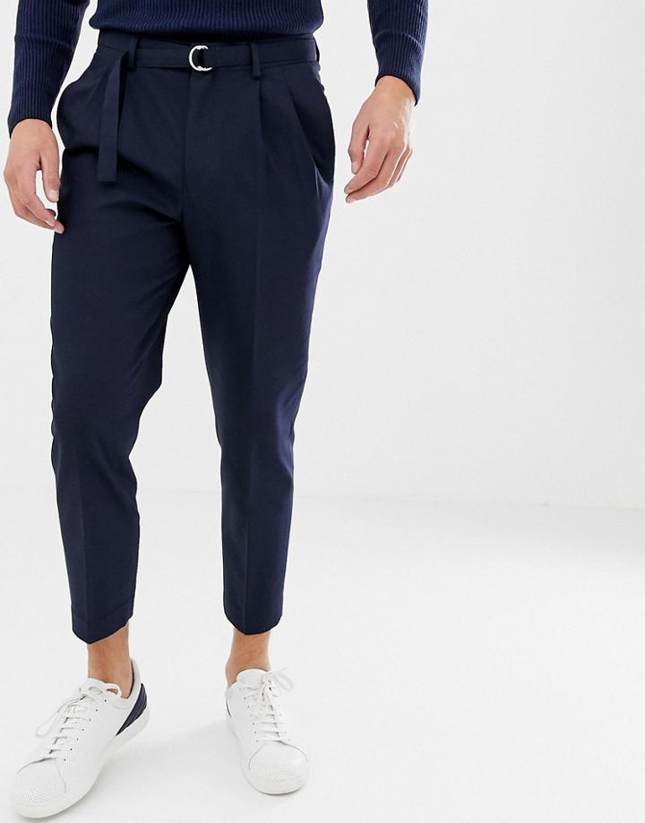 Asos Design Tapered Crop Smart Pants With Obi Tie Belt In Navy - Navy