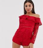 Missguided Lace Romper With One Shoulder In Red - Red