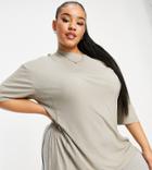 Asos Design Curve Ribbed Oversized T-shirt With Side Slits And Stitch Detail In Taupe-neutral
