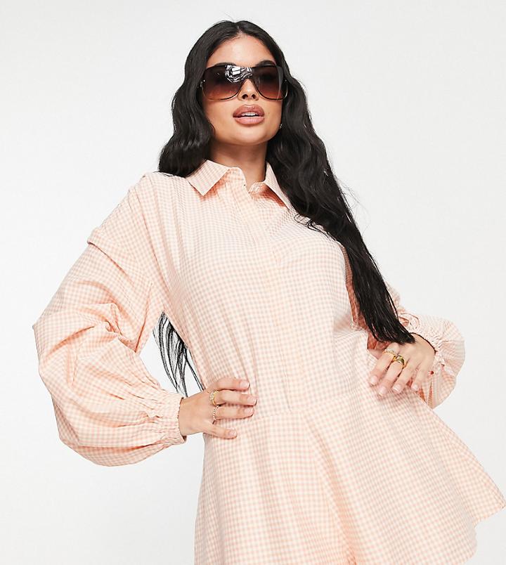 Missguided Shirt Romper In Peach Gingham-orange