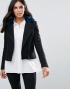 Helene Berman Wool Blend Biker Jacket With Faur Fur Collar - Black