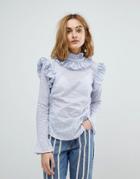 Lost Ink Long Sleeve Top With Pleated High Neck And Trims - Blue