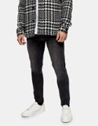 Topman Organic Cotton Blend Raw Hem Stretch Skinny Jeans In Washed Black-grey