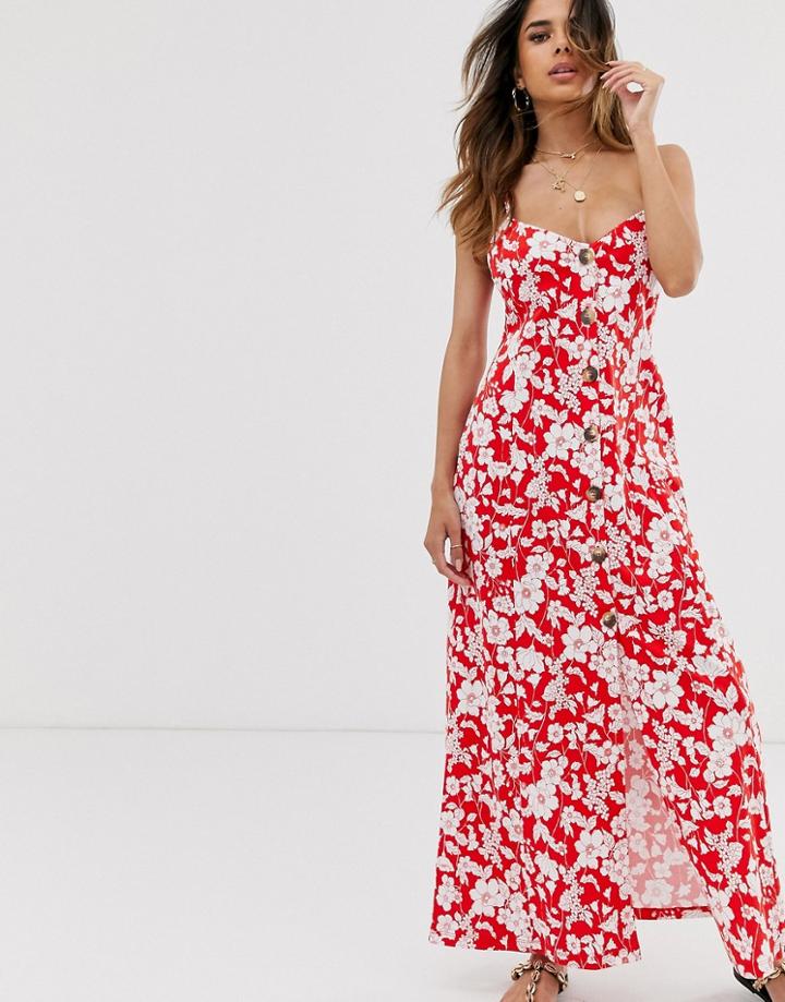 Asos Design Button Through Maxi Dress In Red Floral Print-multi