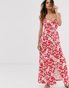 Asos Design Button Through Maxi Dress In Red Floral Print-multi