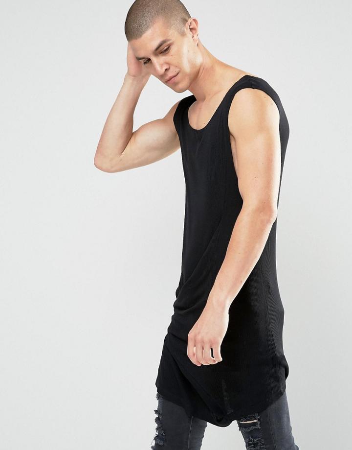 Asos Rib Super Longline Tank With Drape Detail - Black