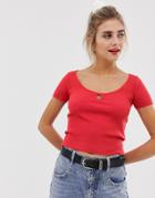 Bershka Ribbed Keyhole Top In Red-pink