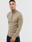Jack & Jones Premium Contrast Piping Zip Neck Knitted Sweater In Sand-tan
