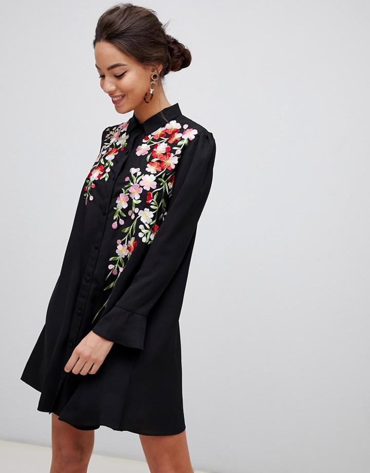 Asos Design Embroidered Swing Mini Shirt Dress - Black