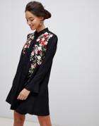 Asos Design Embroidered Swing Mini Shirt Dress - Black