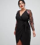 Little Mistress Plus Wrapover Pencil Dress With Embroidered Sleeve Detail - Black