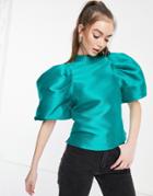 Asos Design Satin High Neck Puff Sleeve Top In Emerald-no Color