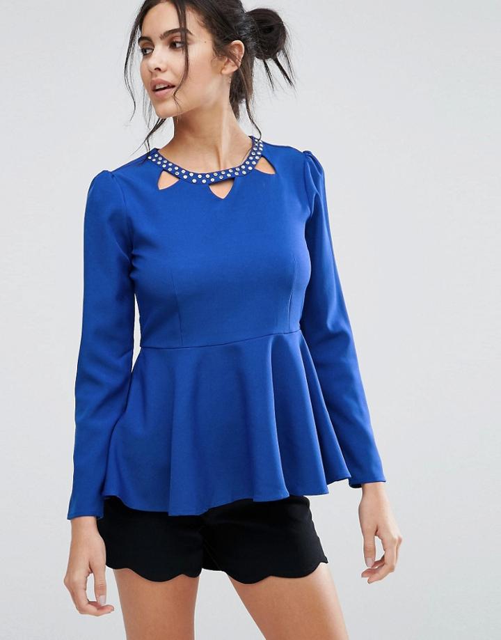 Jovanna Tata Peplum Top With Embellished Neck - Blue