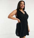 Asos Design Curve Recycled Gathered Detail Mini Beach Dress In Black