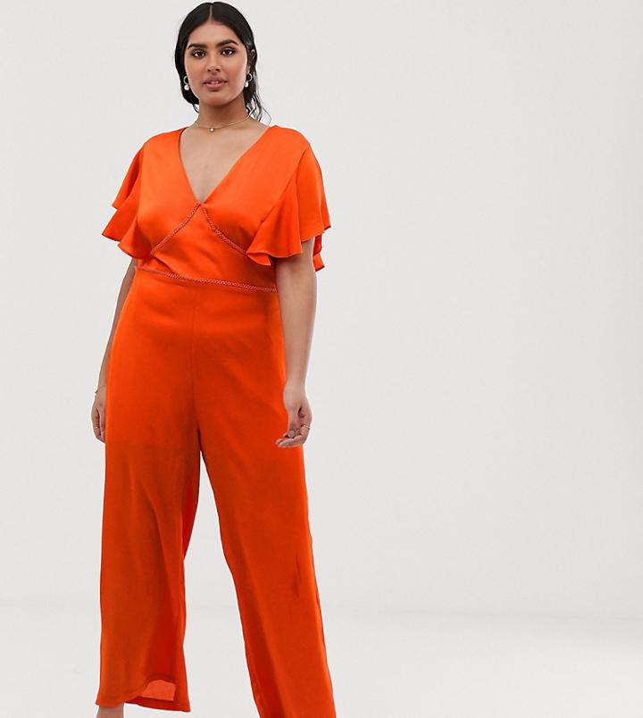 Lovedrobe V Neck Jumpsuit With Wide Leg And Lace Insert Detail In Orange - Orange
