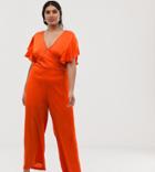 Lovedrobe V Neck Jumpsuit With Wide Leg And Lace Insert Detail In Orange - Orange