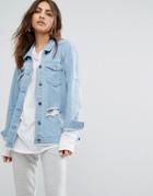 Daisy Street Denim Trucker Jacket With Distressing And Raw Hem - Blue