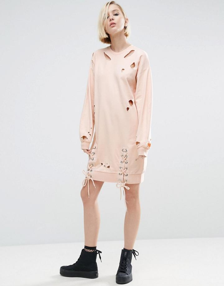 Asos Nibbled Sweat Dress With Front Lace Up Splits - Pink