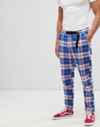 Asos Design Tapered Pants In Check With Belt Detail - Blue