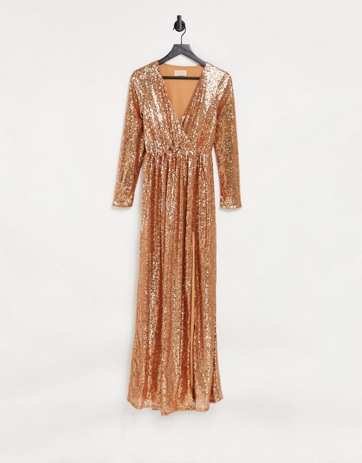 Club L Wrap Front Sequin Maxi Gown In Rust-orange