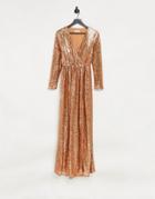 Club L Wrap Front Sequin Maxi Gown In Rust-orange