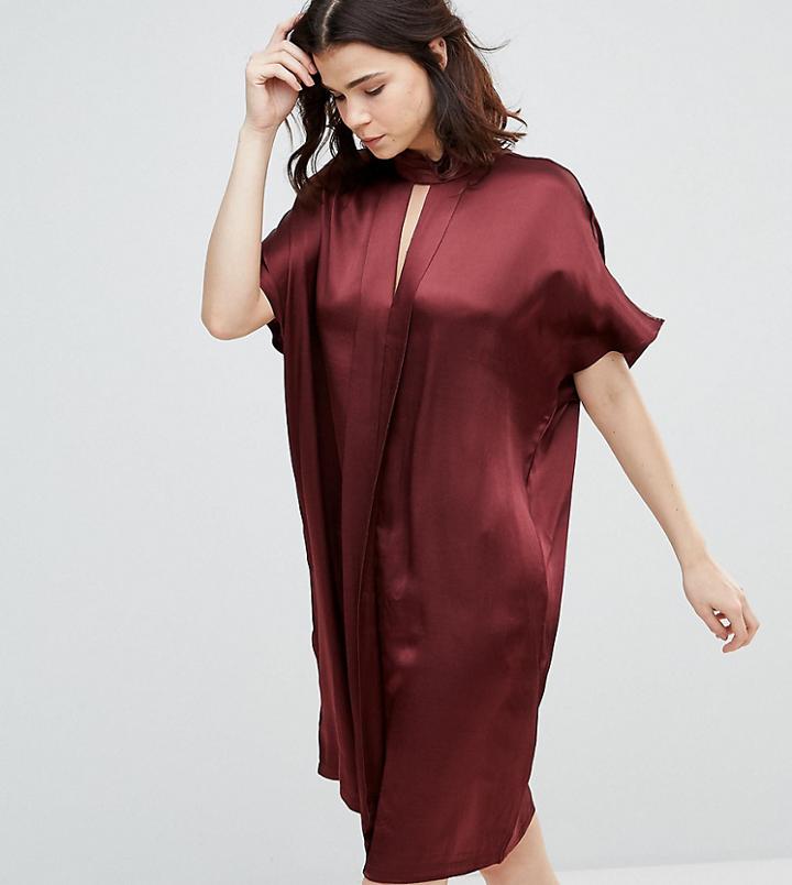 Y.a.s Tall Satin Key Hole Detail High Neck Shift Dress - Brown