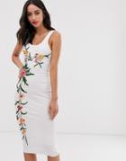 Asos Design Midi Rib Bodycon With Floral Embroidery-white