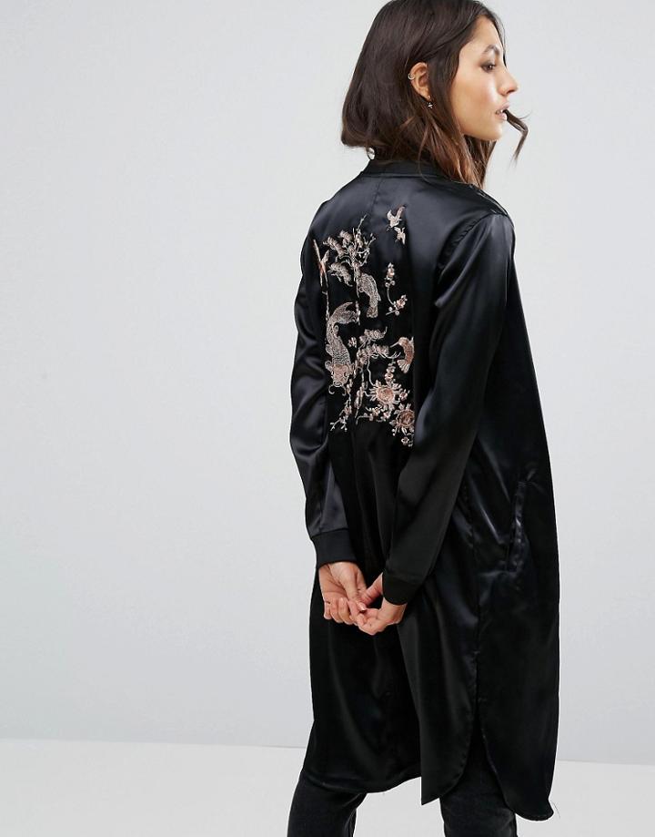 Pull & Bear Satin Embroidered Longline Kimono - Black