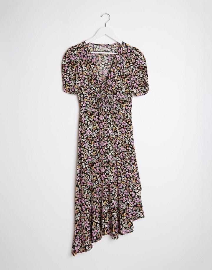 Stradivarius Midi Dress With Ruffle In Pink Floral Print-multi