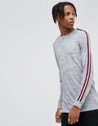 Asos Longline Long Sleeve T-shirt With Sleeve Taping In Gray Interest Fabric - Gray